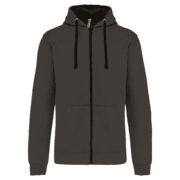 Hoodie gris avec fermeture éclair et capuche.
