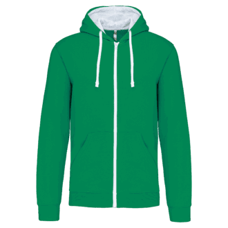 Veste verte à capuche et fermeture éclair blanche.