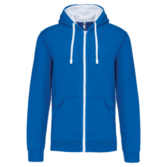 Sweat à capuche bleu, fermeture éclair blanche.