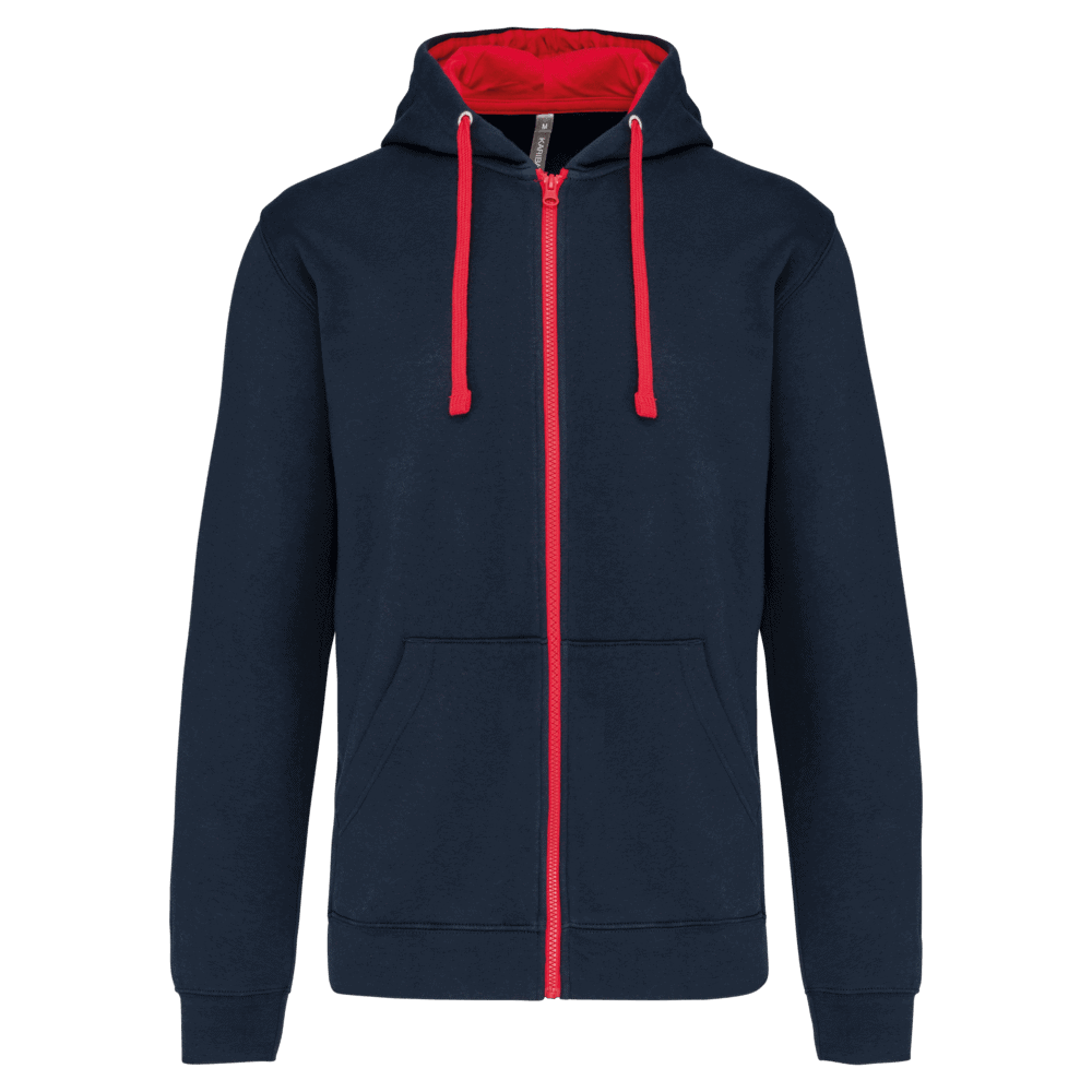 Sweat à capuche bleu foncé avec fermeture éclair rouge.