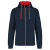 Sweat à capuche bleu foncé avec fermeture éclair rouge.