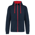 Sweat à capuche bleu foncé avec fermeture éclair rouge.