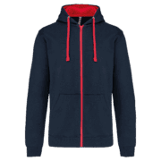 Sweat à capuche bleu foncé avec fermeture éclair rouge.