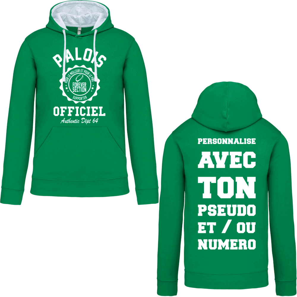 Sweat-shirt vert personnalisé avec texte en blanc.