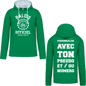 Sweat-shirt vert personnalisé avec texte en blanc.
