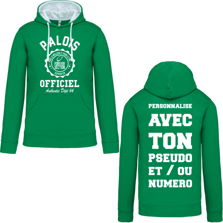 Sweat-shirt vert personnalisé avec texte en blanc.