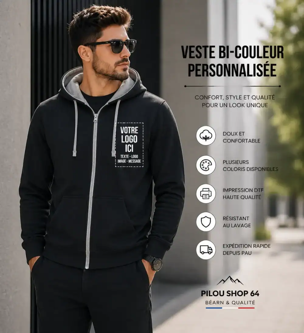 Sweat zippé bi-couleur personnalisé porté homme avec capuche contrastée et marquage logo poitrine, visuel lifestyle Pilou Shop 64 qualité premium