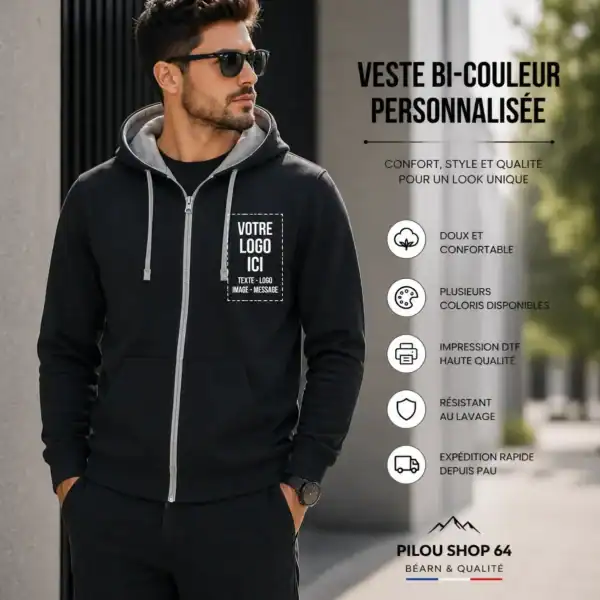 Sweat zippé bi-couleur personnalisé porté homme avec capuche contrastée et marquage logo poitrine, visuel lifestyle Pilou Shop 64 qualité premium