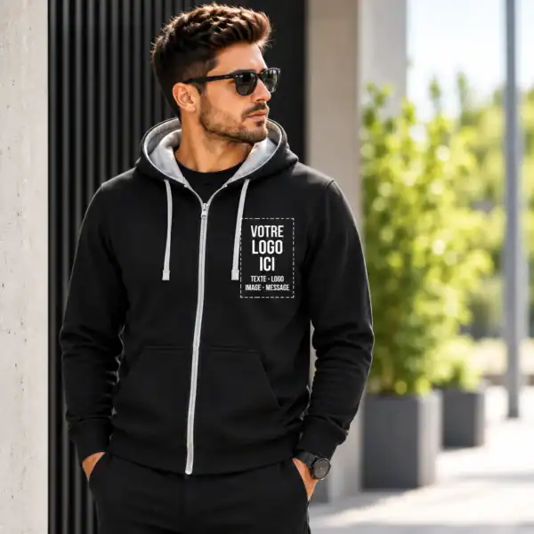 Sweat zippé à capuche personnalisé avec logo, texte, image ou message – impression DTF à Pau