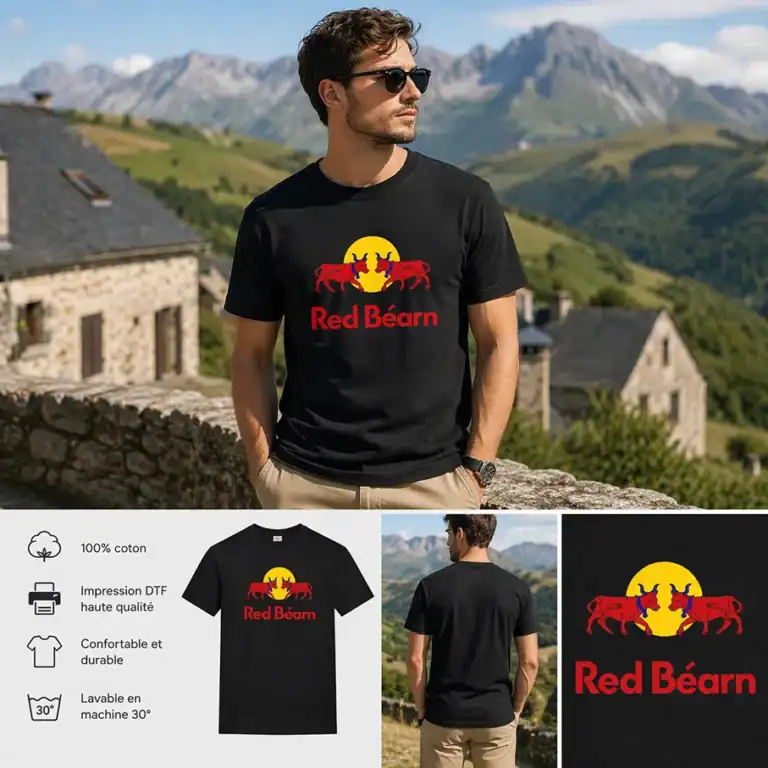 T-shirt Red Béarn noir porté homme paysage montagne Béarn impression DTF qualité Pilou Shop 64