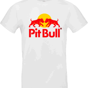 T-shirt blanc PitBull Energy avec deux pitbulls rouges face à face devant un soleil jaune et texte Pit Bull rouge, design original