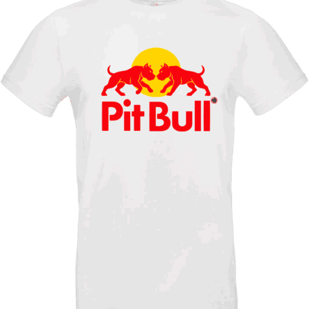 T-shirt blanc PitBull Energy avec deux pitbulls rouges face à face devant un soleil jaune et texte Pit Bull rouge, design original