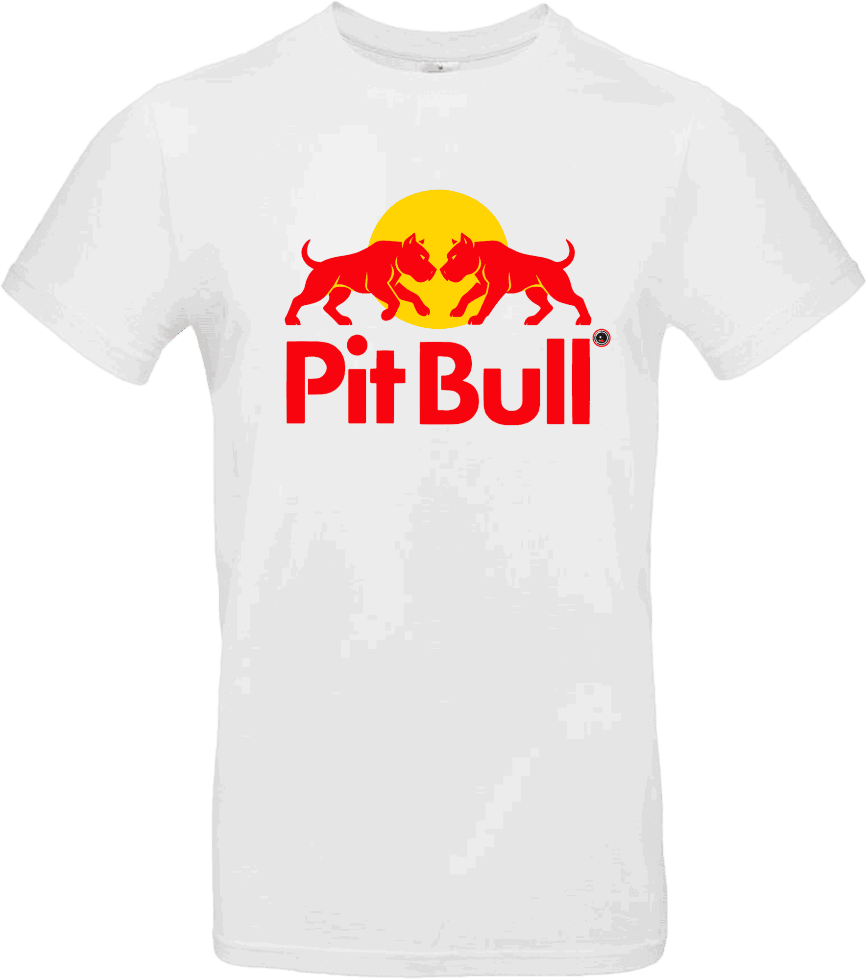 T-shirt blanc PitBull Energy avec deux pitbulls rouges face à face devant un soleil jaune et texte Pit Bull rouge, design original