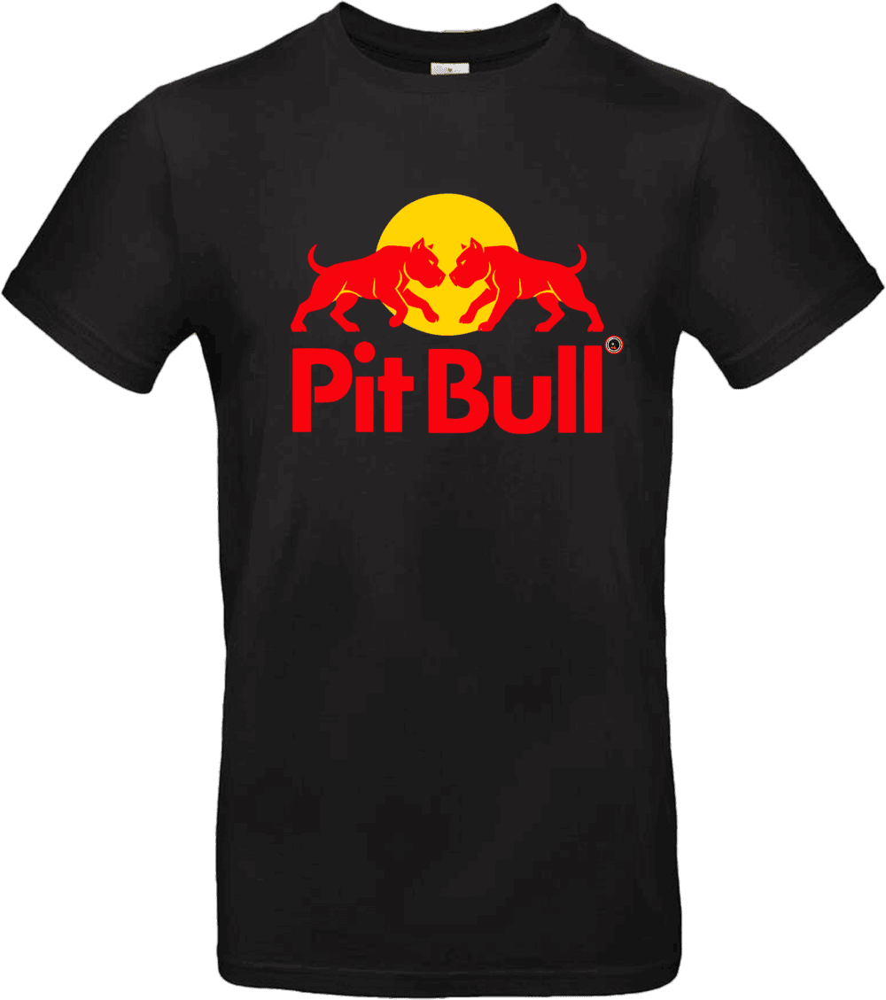 T-shirt noir PitBull Energy avec deux pitbulls rouges face à face devant un soleil jaune et texte Pit Bull rouge, design original