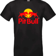 T-shirt noir PitBull Energy avec deux pitbulls rouges face à face devant un soleil jaune et texte Pit Bull rouge, design original
