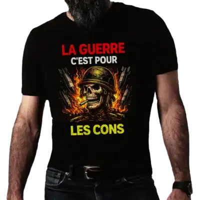 homme barbu chauve qui porte le t-shirt noir assumé message la guerre c est pour les cons visuel casque militaire missiles impression textile pilou shop 64