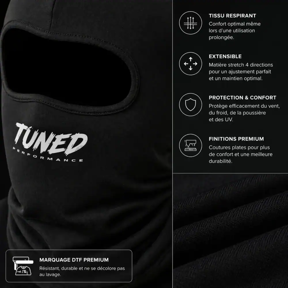zoom cagoule personnalisée noire texture tissu marquage DTF premium logo tuned performance qualité textile respirant extensible finition durable