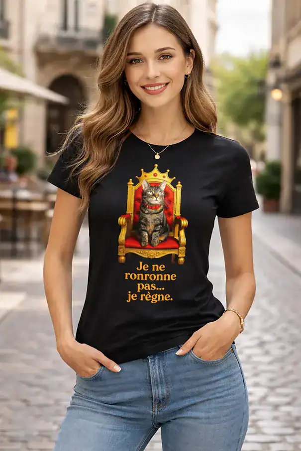 T-shirt femme noir avec chat assis sur un trône royal et inscription je ne ronronne pas je règne porté par une femme souriante en extérieur