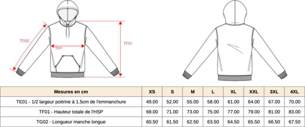 Tableau tailles sweat à capuche avec mesures.