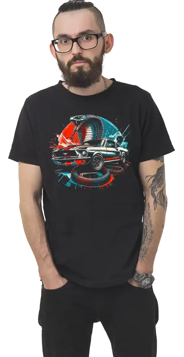 t shirt cobra mustang noir muscle car impression premium pilou shop 64 porté par un homme