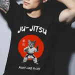 t shirt ju jitsu chat fight like a cat humour design japonais homme femme noir impression dtf premium