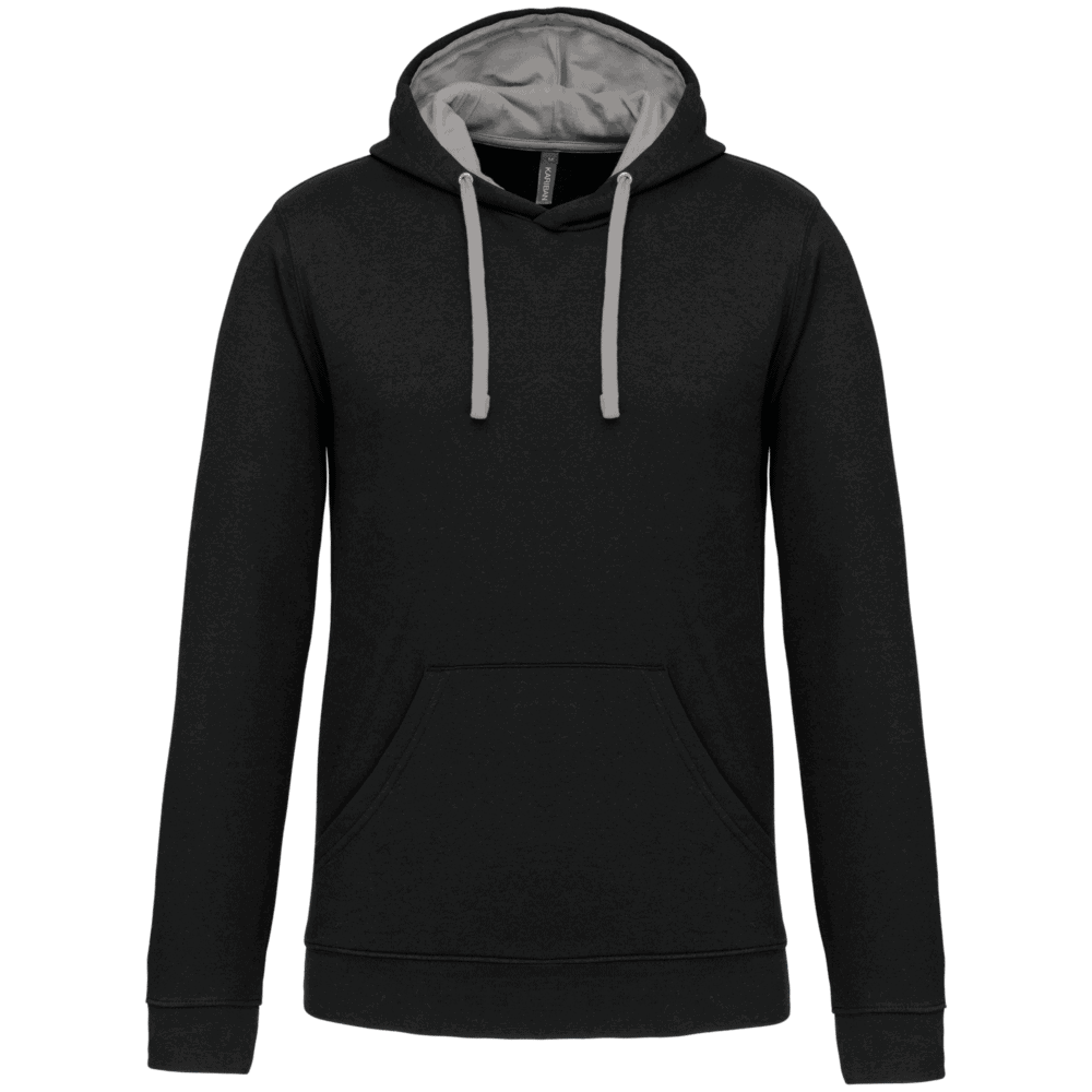 Sweat à capuche noir avec poches et cordons.