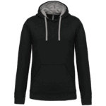 Sweat à capuche noir avec poches et cordons.