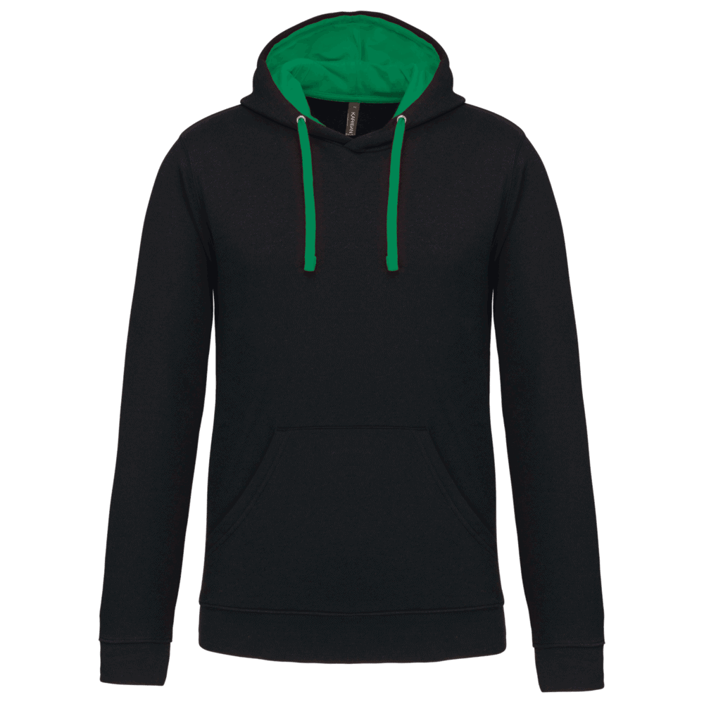 Sweat à capuche noir avec cordons verts.