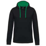 Sweat à capuche noir avec cordons verts.