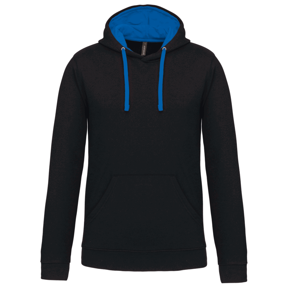 Sweat à capuche noir avec doublure bleue.
