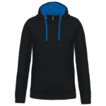 Sweat à capuche noir avec doublure bleue.