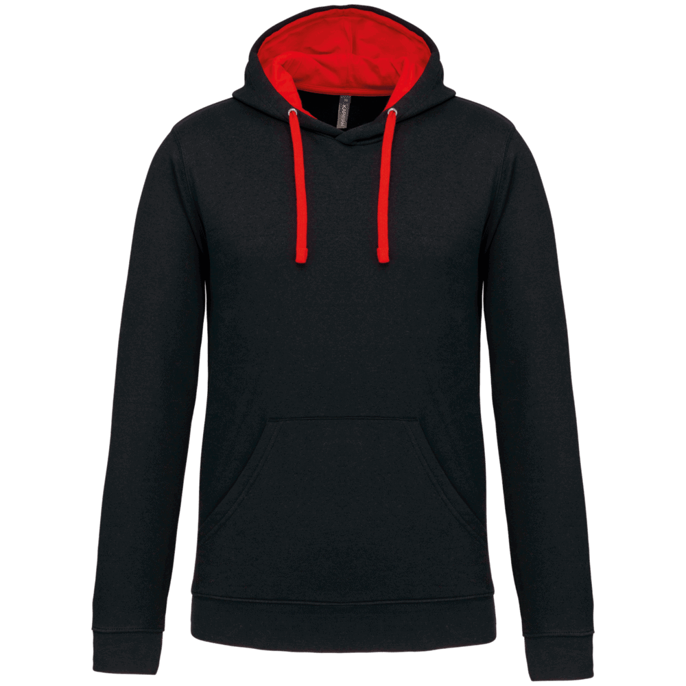 Sweat à capuche noir avec doublure rouge.