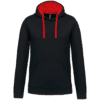Sweat à capuche noir avec doublure rouge.