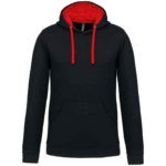 Sweat à capuche noir avec doublure rouge.