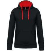 Sweat à capuche noir avec doublure rouge.