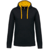 Sweat à capuche noir avec doublure et cordons jaunes.