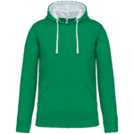 Sweat à capuche vert avec cordons blancs.