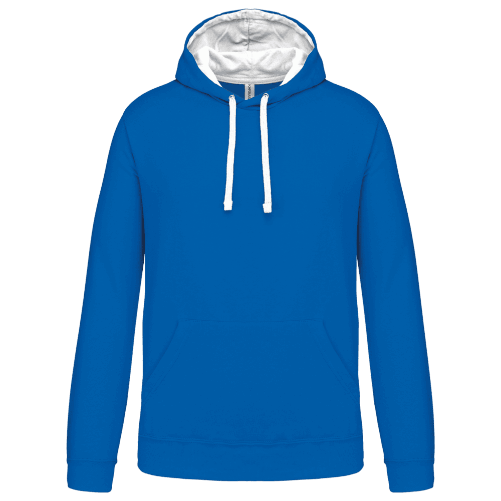 Sweat à capuche bleu avec cordons blancs.