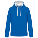 Sweat à capuche bleu avec cordons blancs.