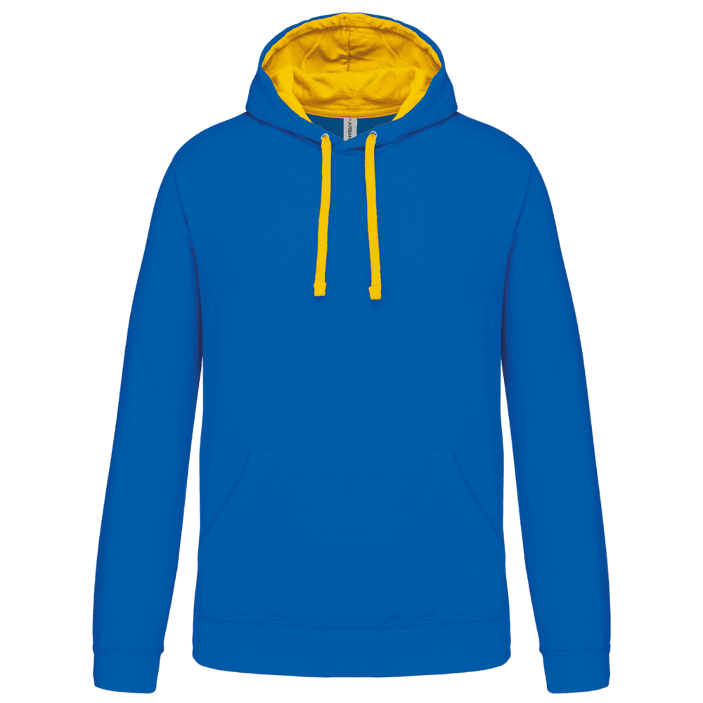 Sweat à capuche bleu avec cordons jaunes.