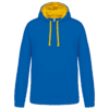 Sweat à capuche bleu avec cordons jaunes.