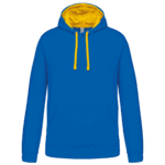Sweat à capuche bleu avec cordons jaunes.
