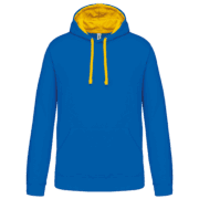 Sweat à capuche bleu avec cordons jaunes.