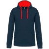 Sweat à capuche bleu marine avec cordons rouges.