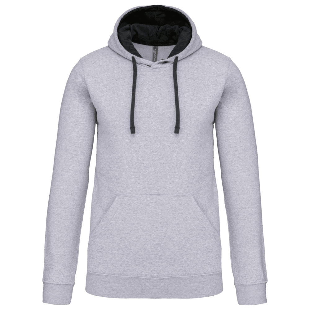 Sweat à capuche gris avec cordons noirs.