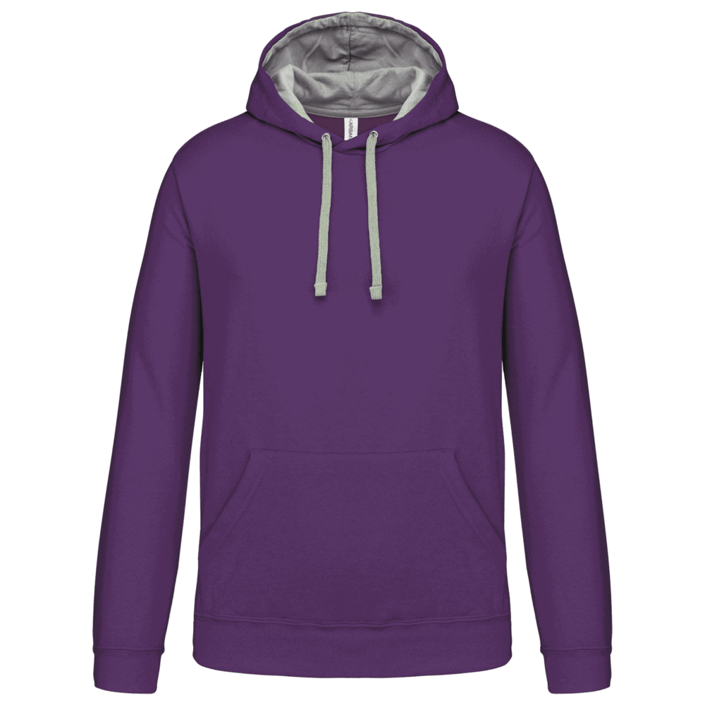 Sweat à capuche violet avec cordons gris.