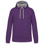 Sweat à capuche violet avec cordons gris.
