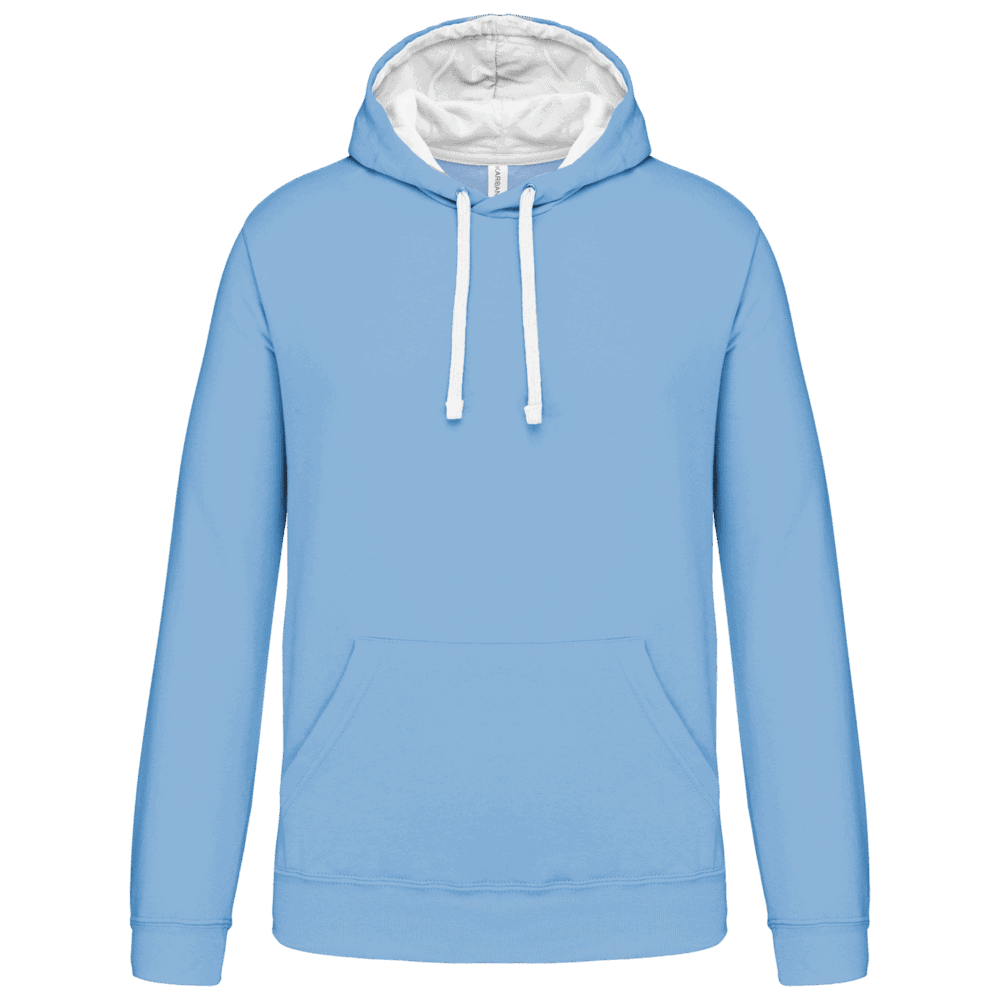 Sweat-shirt bleu à capuche et poche kangourou.