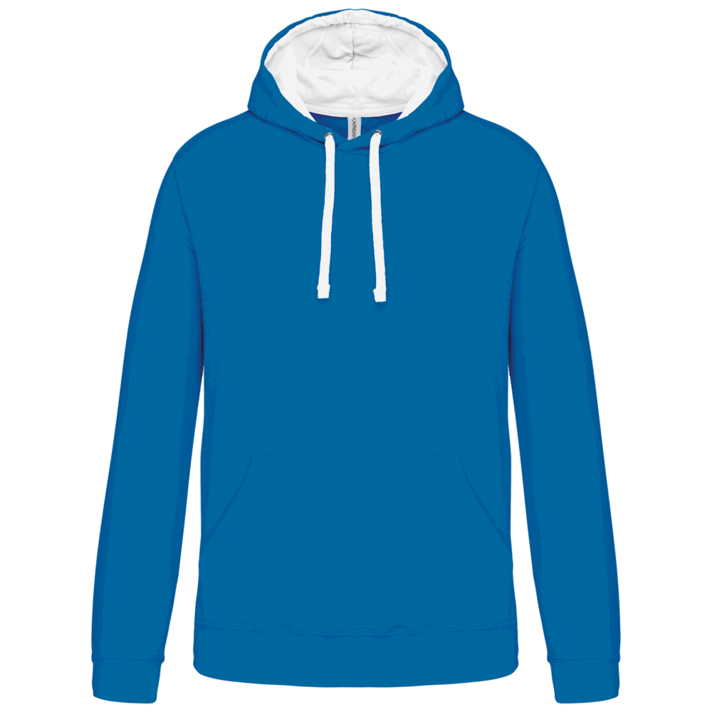 Sweat à capuche bleu avec cordons blancs.