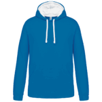 Sweat à capuche bleu avec cordons blancs.